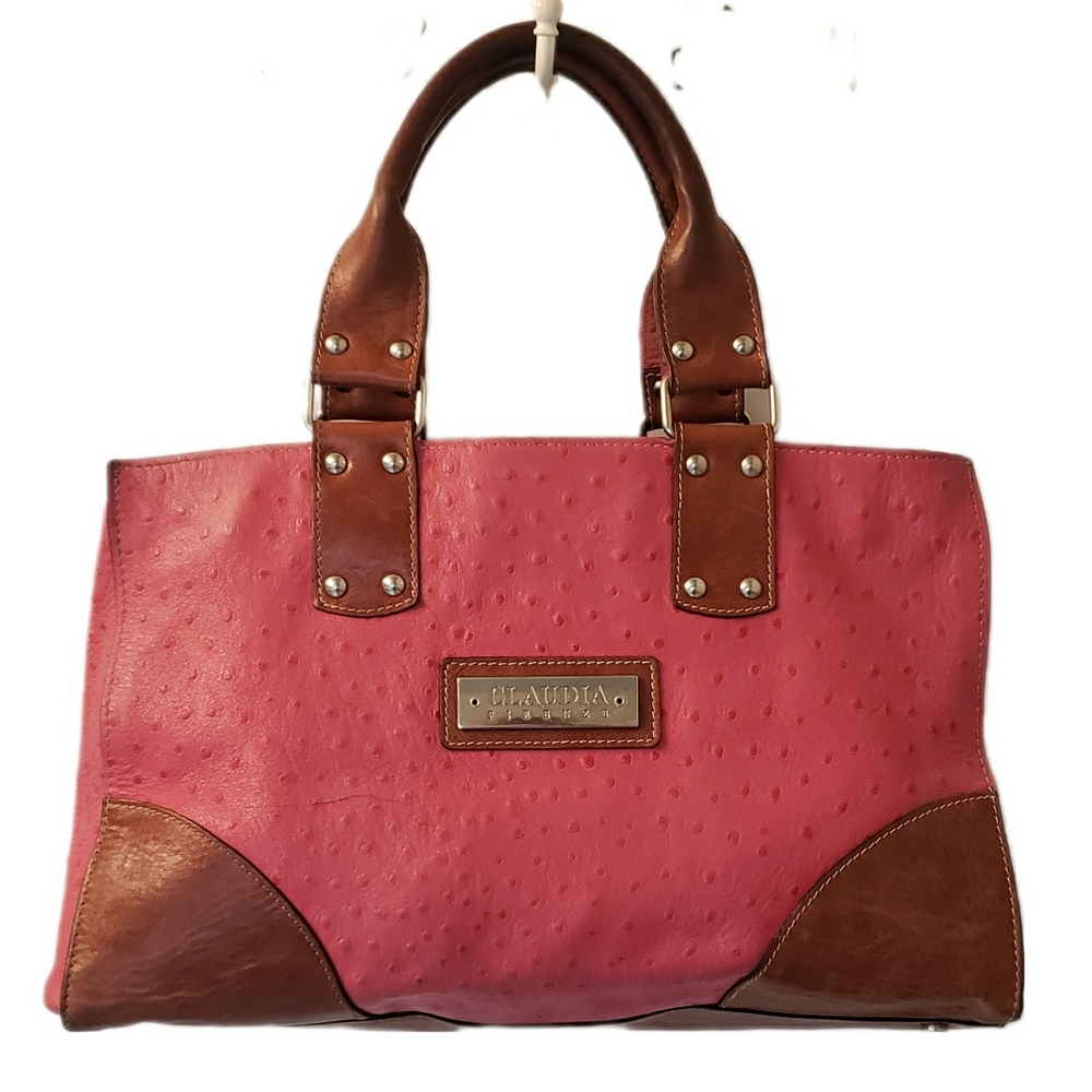 Vintage Claudia Firenze Ostrich Leather Pink & Tan Handbag / Satchel *